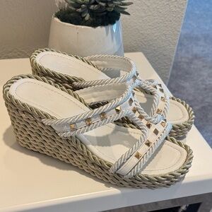 Valentino Garavani White Rockstud Metallic T-Strap Espadrille Sandals